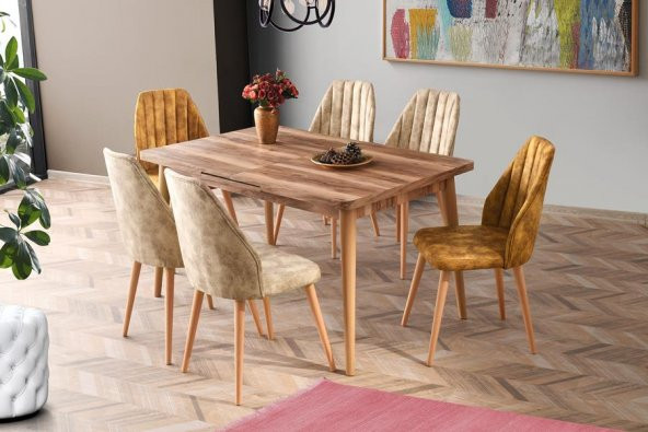 Açılır Salon Masası Takımı Tropik Ceviz + 6 Adet Defne Nubuk Sandalye