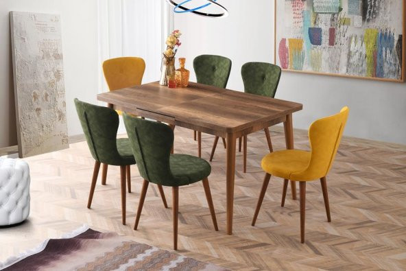 Açılır Salon Masası Takımı Antik Ceviz + 6 Adet Loren Nubuk Sandalye