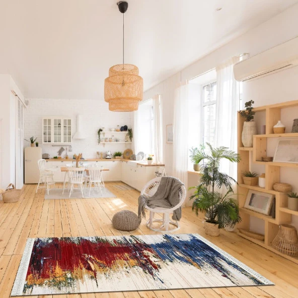 Baskılı Kilim Fırça Desenli Çok Renkli Dekoratif Bej Zemin Klasik