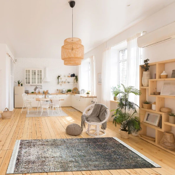 Baskılı Kilim Dekoratif Anadolu Eskitme Desenli Krem Kahve Füme