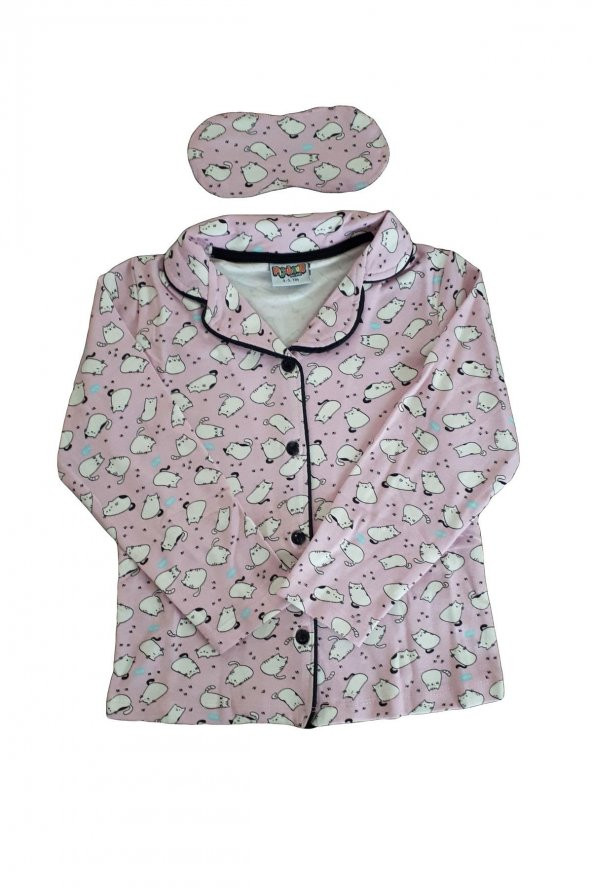 Pisicik Kız Çocuk Düğmeli Uzun Kol Pamuklu Pijama Takımı