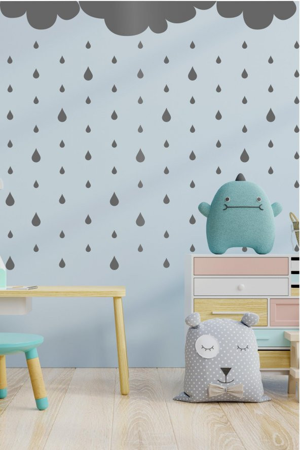 Çocuk Odası Gümüş Yağmur Damlaları ve Bulutlar(4-6-8cm 150 adet) Duvar Sticker - Büyük Ebat