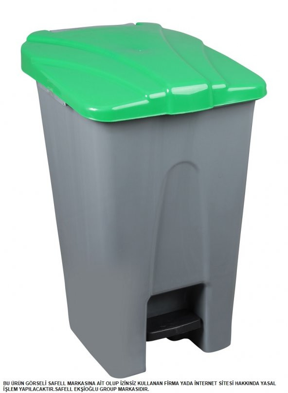 Safell Plastik Köşeli Pedallı Çöp Kovası 70 Lt - Tekerlekli - Pedallı Çöp Konteyneri - Gri Yeşil