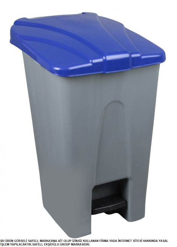 Safell Plastik Köşeli Pedallı Çöp Kovası 70 Lt - Tekerlekli - Pedallı Çöp Konteyneri - Gri Mavi