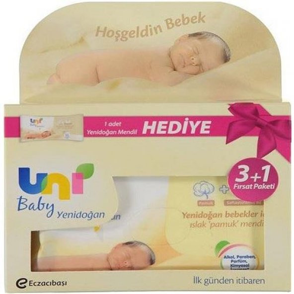 Uni Baby Yenidoğan Islak Pamuk Mendil 3+1 (160 Yaprak)