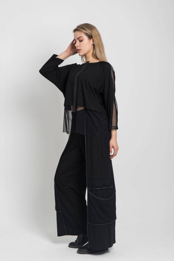 Kadın SİYAH Crop Kalıp Salaş Kesim Tül Detaylı Bluz 21K47177-99 3 - 2