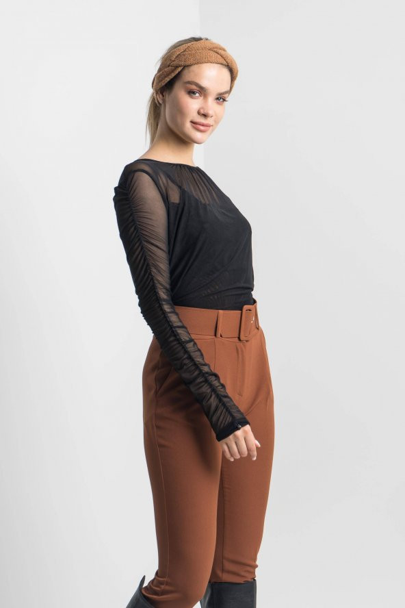 Kadın SİYAH Koldan Büzgülü Çift Kat Tül Bluz 21K47150-99 4 - 3
