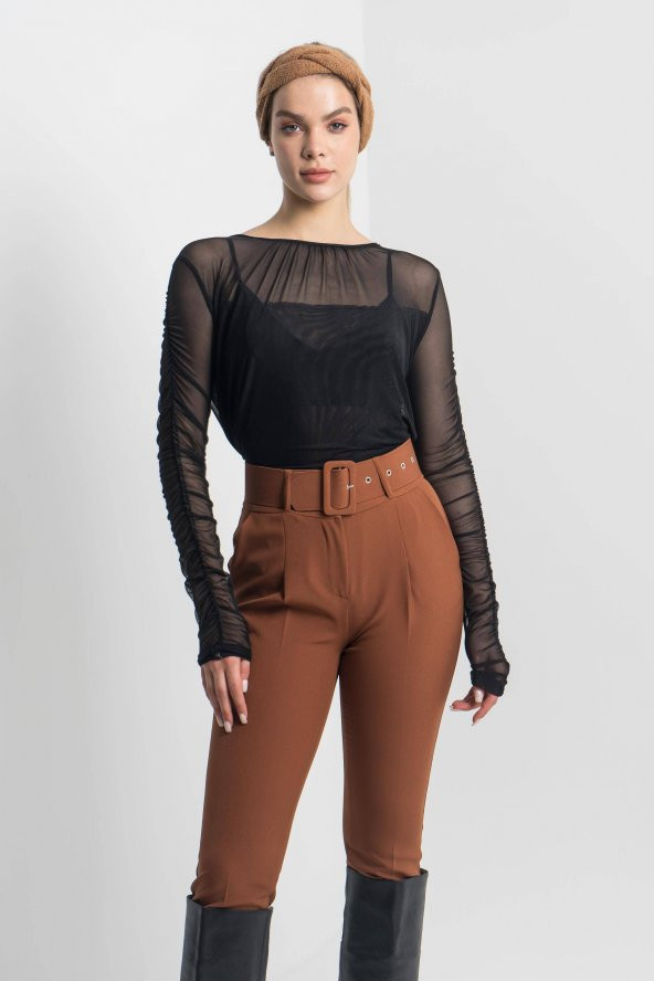 Kadın SİYAH Koldan Büzgülü Çift Kat Tül Bluz 21K47150-99 4 - 4