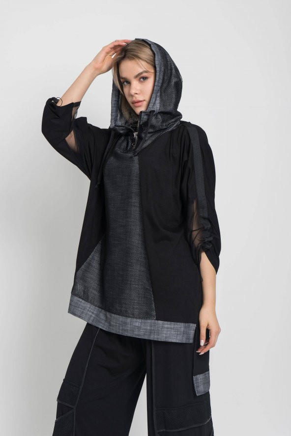 Kadın SİYAH Kapşonlu Fermuarlı Geniş Kesim Tunik 21K47171-99 3 - 5