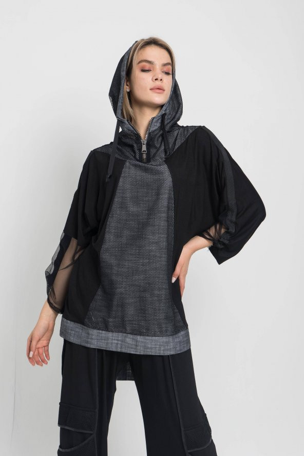 Kadın SİYAH Kapşonlu Fermuarlı Geniş Kesim Tunik 21K47171-99 3 - 6
