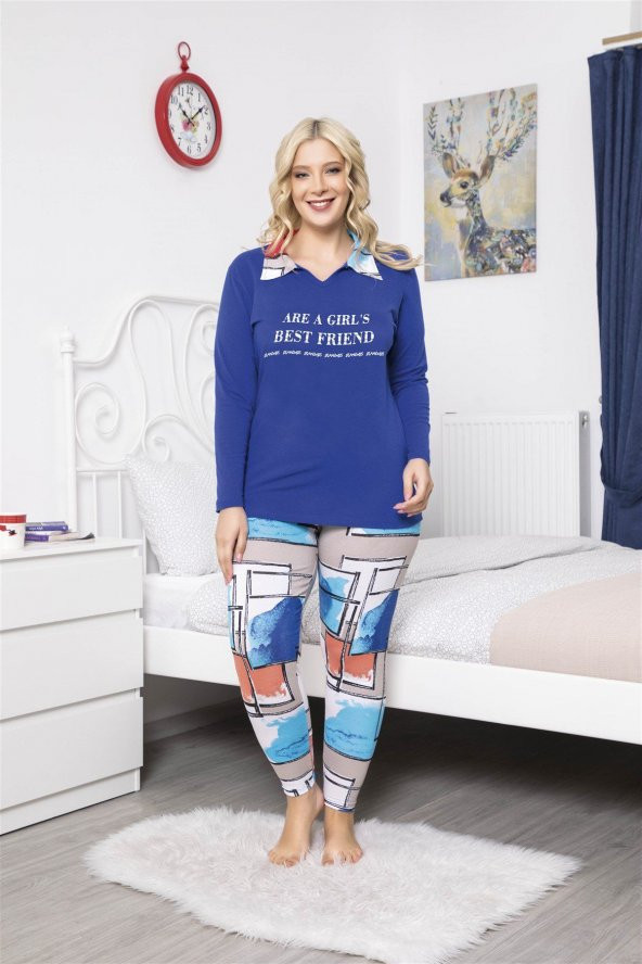 MyBen V-Yaka Saks Mavi Renkli Desenli Uzun Kollu Büyük Beden Pijama Takımı Alt Üst Takım 16058