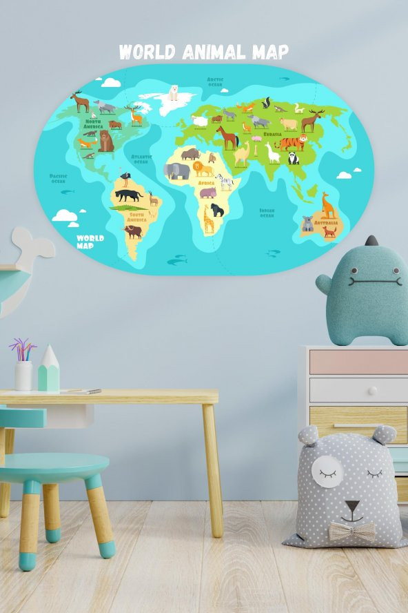 Çocuklar İçin Eğitici İngilizce Dünya Haritası Sticker(70x100cm)