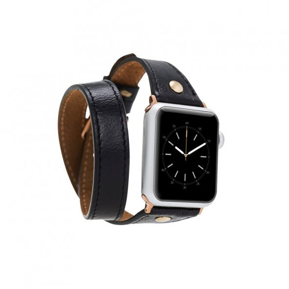 Bouletta Apple Watch Deri Kordon 42-44mm Slim Çift Tur Gold Trok RST1 Siyah