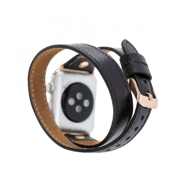 Bouletta Apple Watch Deri Kordon 42-44mm Slim Çift Tur Gold Trok RST1 Siyah - 2