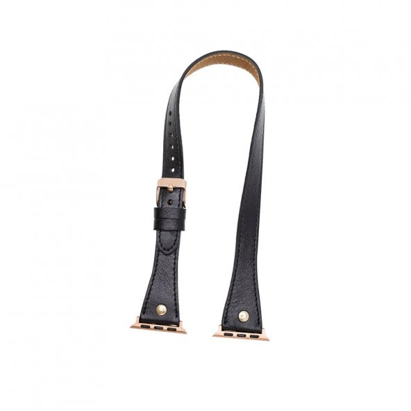 Bouletta Apple Watch Deri Kordon 42-44mm Slim Çift Tur Gold Trok RST1 Siyah - 3