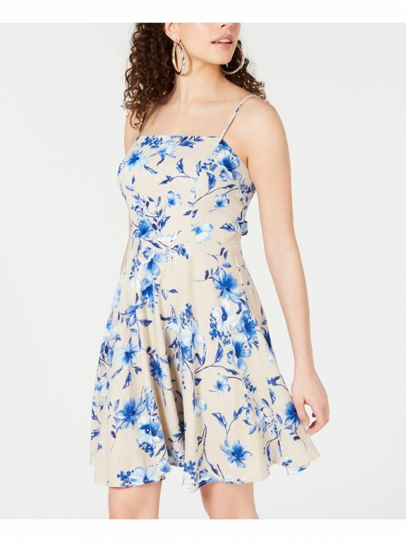 Bej Renk Junior Keten Çiçekli Batik A Kesim Elbise