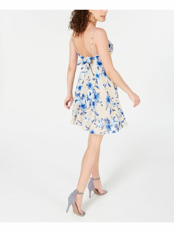 Bej Renk Junior Keten Çiçekli Batik A Kesim Elbise - 2