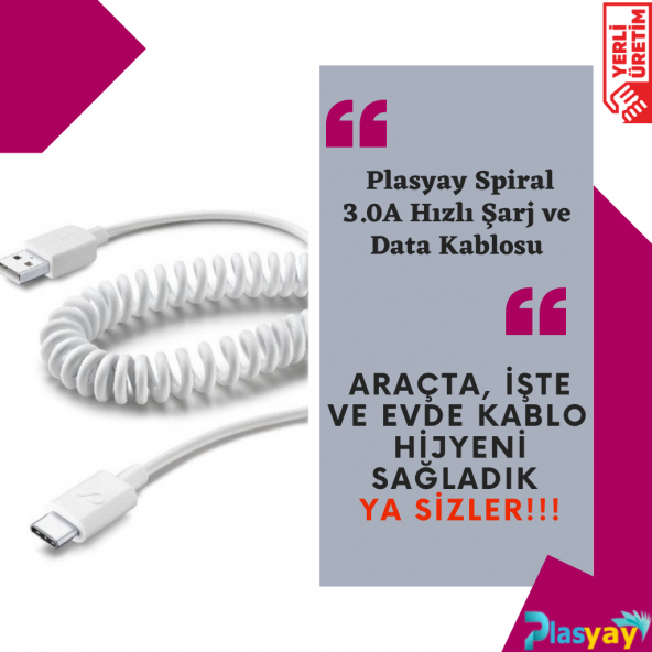 Plasyay Spiral 3.0A Hızlı Şarj ve Data Kablosu Beyaz - 3