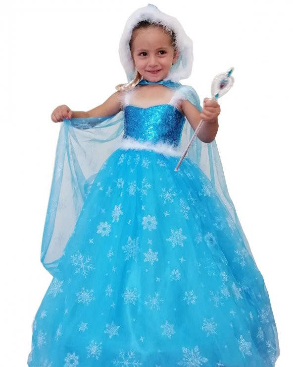 DEHAMODA Frozen Elsa Pelerinli Şapkalı Tarlatanlı Kostüm 6lı Set Askılı Model