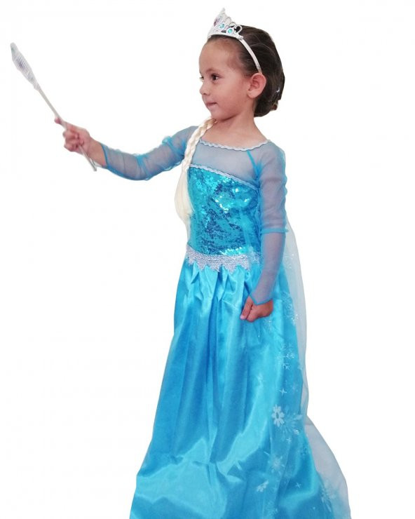 Kız Çocuk Uzun Kol Simli Frozen Mavi Elsa Elbise