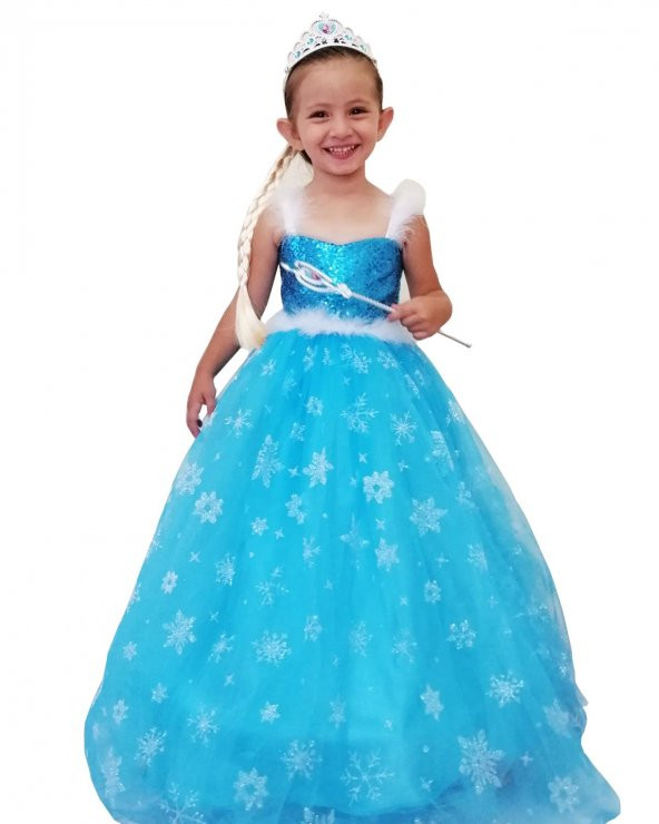 Kız Çocuk Askılı Tarlatanlı Mavi Elsa Elbise Frozen Karlar Ülkesi