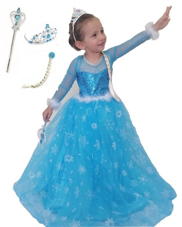 Kız Çocuk Uzun Kol Tarlatanlı Taç Asa Saç Hediyeli Mavi Elsa Elbise