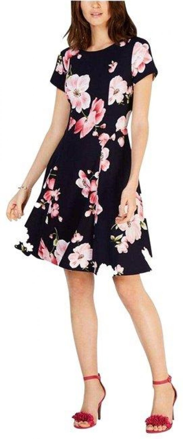 Lacivert Çiçek Desenli A-Line Günlük Plus Elbise