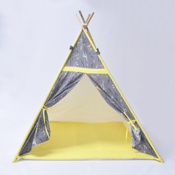 Pamuk Ahşap Çocuk Oyun Çadırı Kızılderili Çadırı Oyun Evi Sarı Notalı Modeli