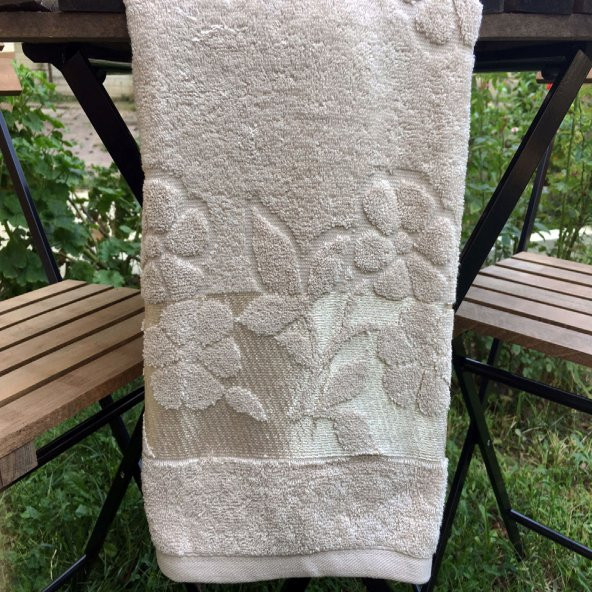 Jakarlı Banyo Havlusu 3 lü Takım Bej Model 100 Pamuk - 3