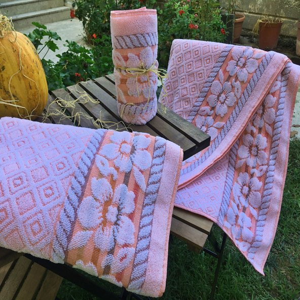 Banyo Havlusu 3 lü Takım Turuncu Model 100 Pamuk - Resim 4