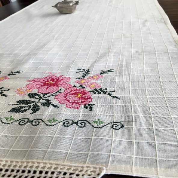Kanaviçe Runner- Buzdolabı Örtüsü Pembe 100 Pamuk - 2