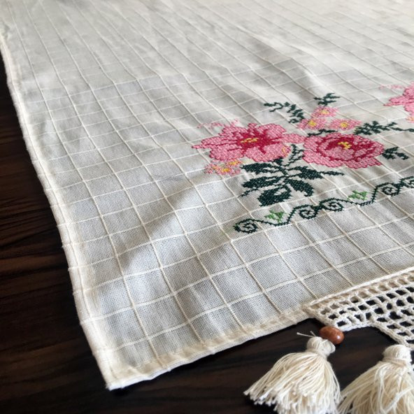 Kanaviçe Runner- Buzdolabı Örtüsü Pembe 100 Pamuk - 3