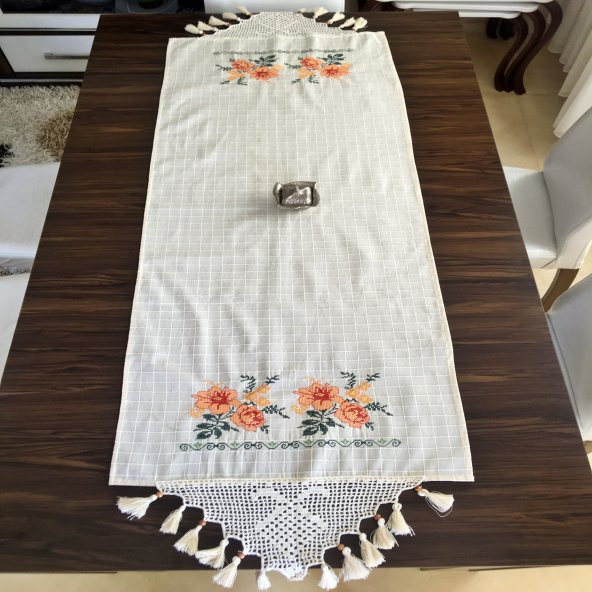 Kanaviçe Runner- Buzdolabı Örtüsü Turuncu 100 Pamuk - 4