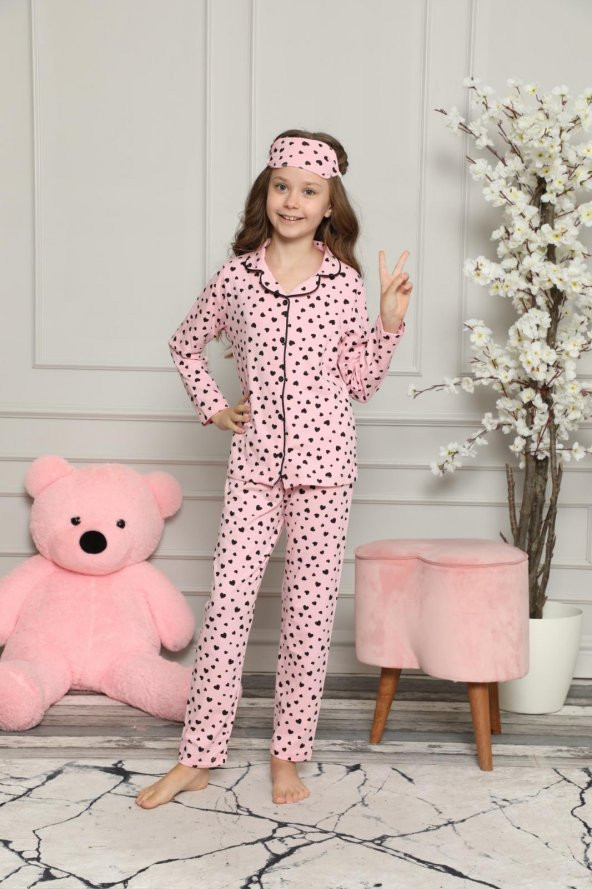 Pembe Aşkına Düğmeli Uzun Kol Pamuk Kız Çocuk Pijama Takımı