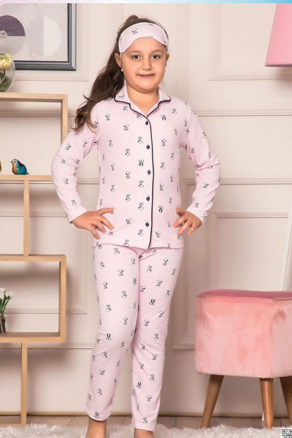 Snopy Çizgili Düğmeli Uzun Kol Kız Çocuk Pijama Takımı