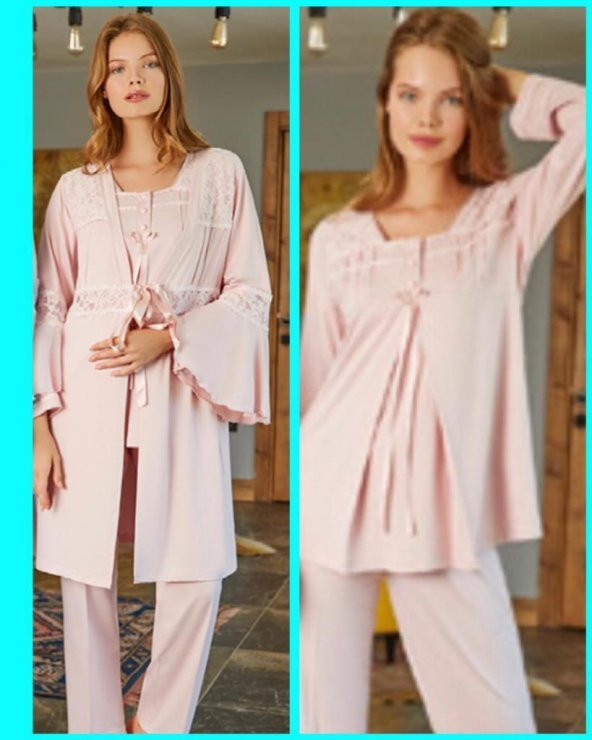 BONE CLUB 5103 PUDRA HAMİLE LOHUSA 3 LÜ PİJAMA SABAHLIK TK - Resim 3