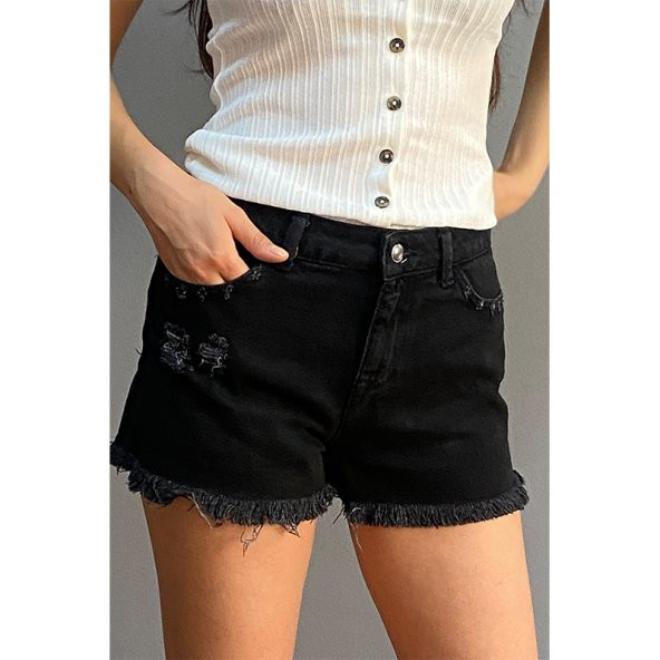 Kadın Kısa Kot Şort, Püsküllü Mini Jean Sort