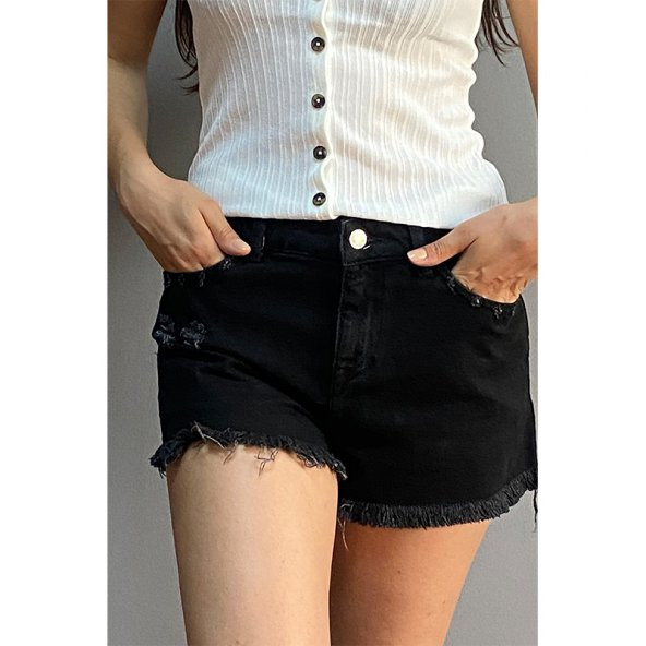 Kadın Kısa Kot Şort, Püsküllü Mini Jean Sort - 4
