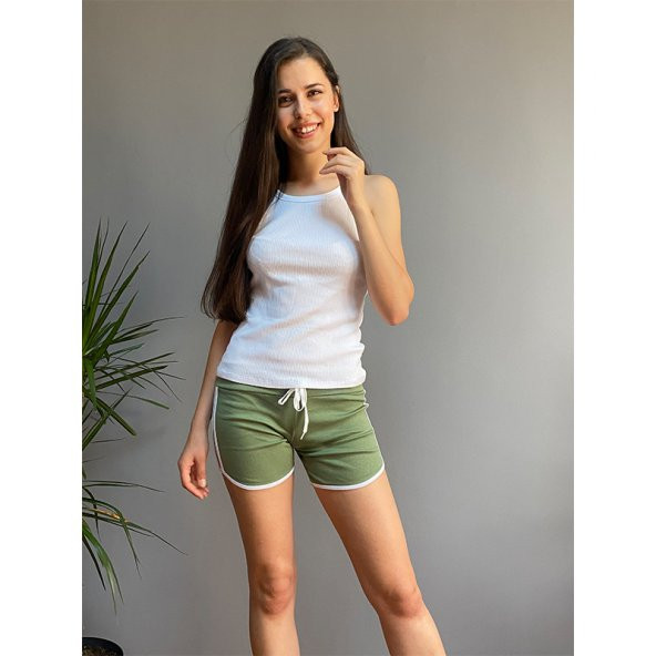 Kadın Kısa Şort, Çift Şeritli Günlük Spor Mini Şort Haki - 2