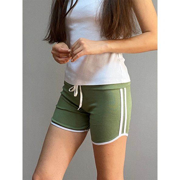 Kadın Kısa Şort, Çift Şeritli Günlük Spor Mini Şort Haki - 4