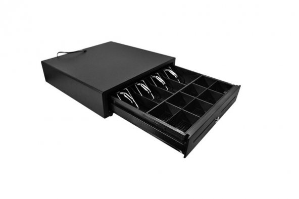 Metal Siyah Para Çekmecesi 4 Banknot 8 Bozuk Para Haznesi 41 x 41 - 10 Cm RJ11 -12V - 3 Pozisyonlu Anahtar Kilidi