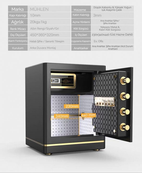 Mühlen 45 T Çelik Kasa Para Kasası Değerli Eşya Mücevher Kasası - 6