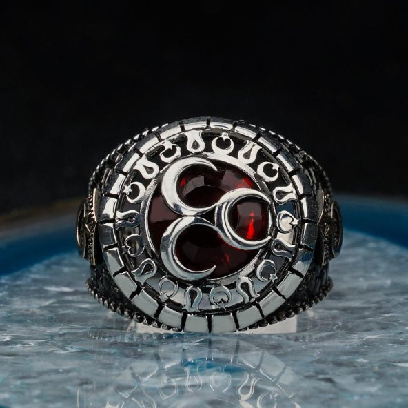 925 Ayar Gümüş 3'lü Hilalli Erkek Yüzük - Resim 2