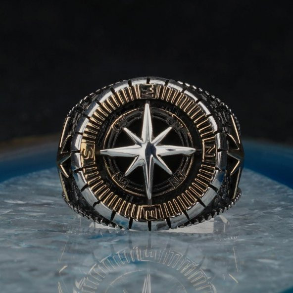 925 Ayar Gümüş Pusula Erkek Yüzük - Resim 2