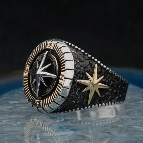 925 Ayar Gümüş Pusula Erkek Yüzük - Resim 3