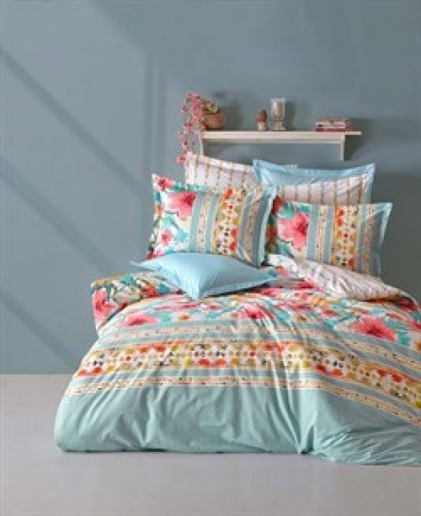 ÇİFT KİŞİLİK RANFORCE NEVRESİM TAKIMI FLORAL-TURKUAZ