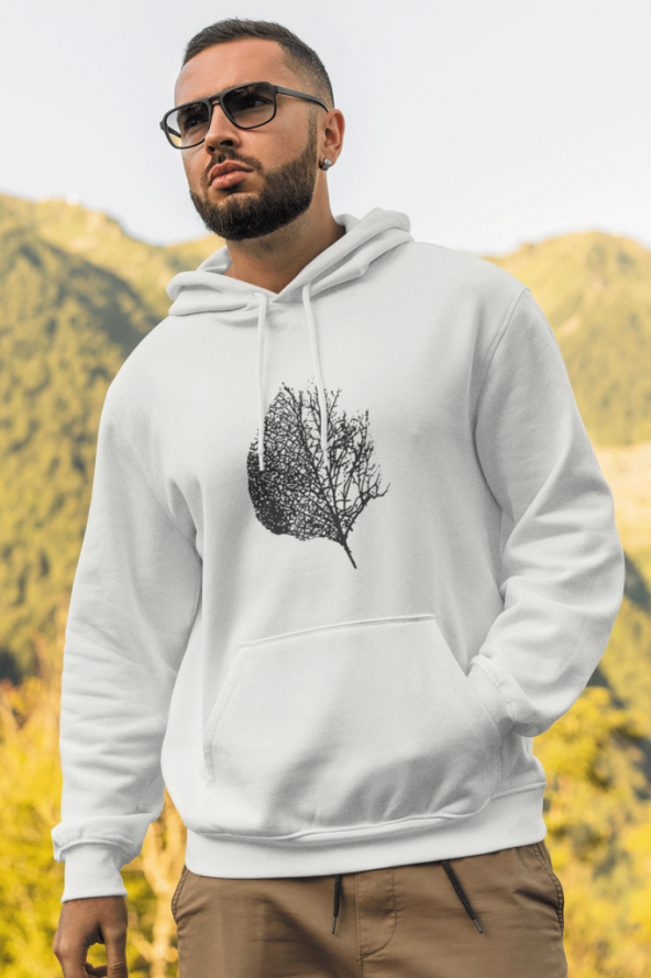Leaf Beyaz Erkek Kapşonlu Sweatshirt - Hoodie