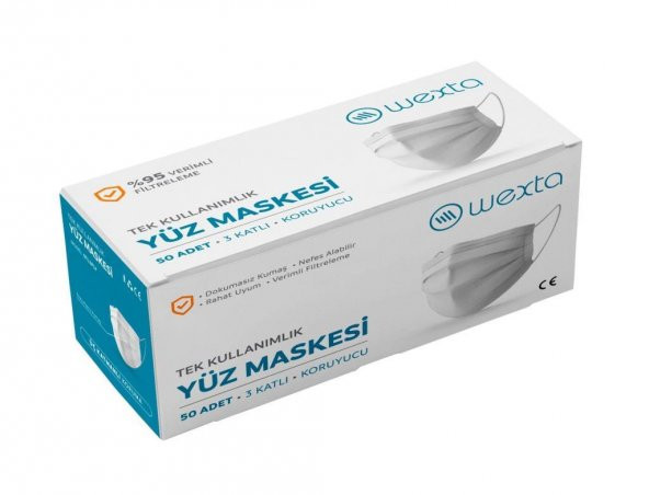 Wexta 3 Katlı Beyaz Medikal Maske 50 Adet Ultrasonik