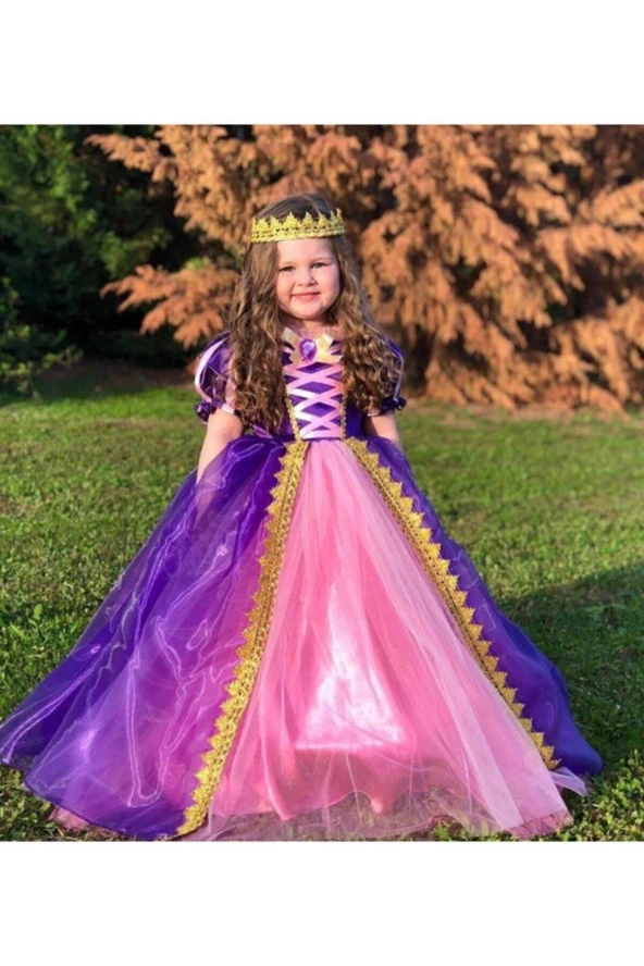 Kız Çocuk Elbise Taçlı Rapunzel Kostümü - Pelerinli Taclı  Tarlatanlı Rapunzel Kostüm -