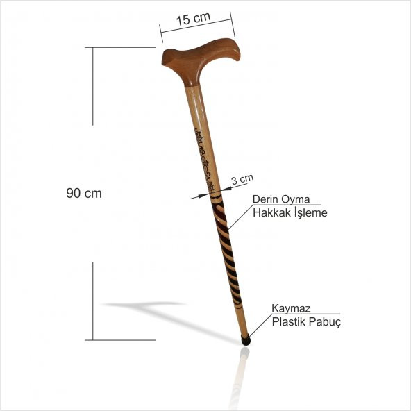 Ahşap Hediyelik 90 cm İşlemeli Oymalı Vernikli Baston Değnek Asa